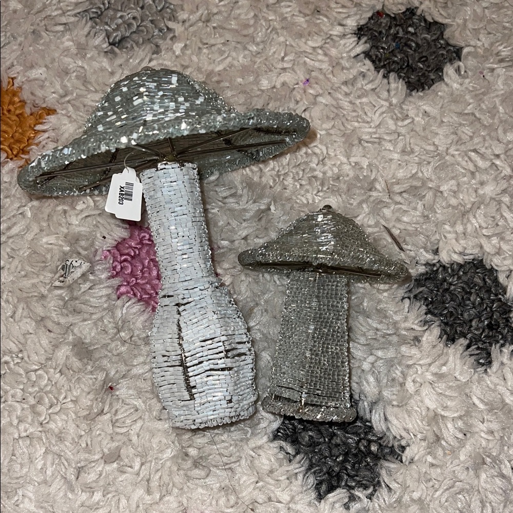 Silver and White Beaded Mushroom Decor